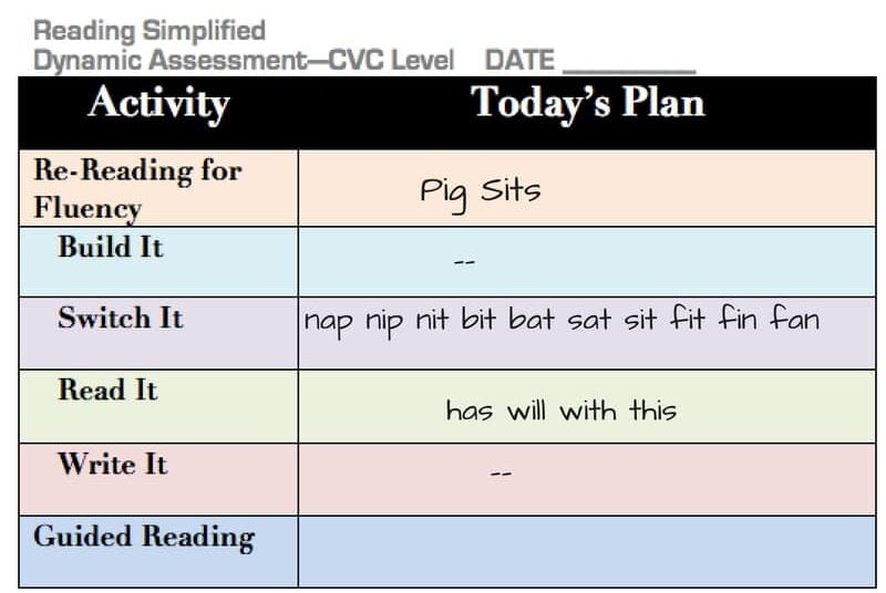Reading Simplified Dynamic Assessment lesson plan filled in for Re-Reading and Word Work