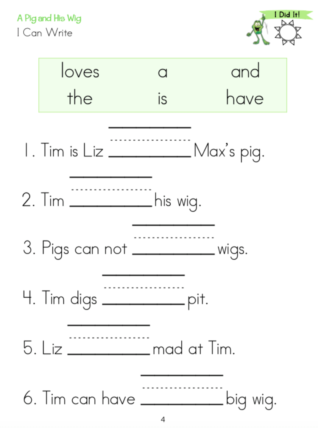Whole Phonics A Pig and His Wig I can write image