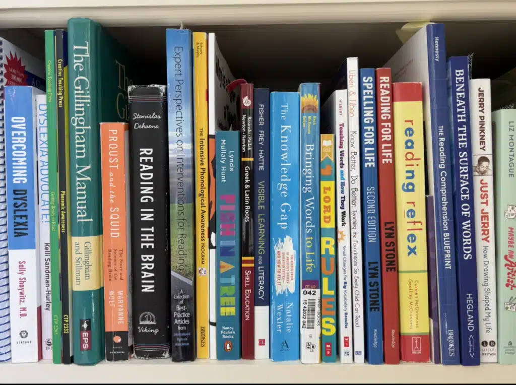 Bookshelf with books on dyslexia and reading