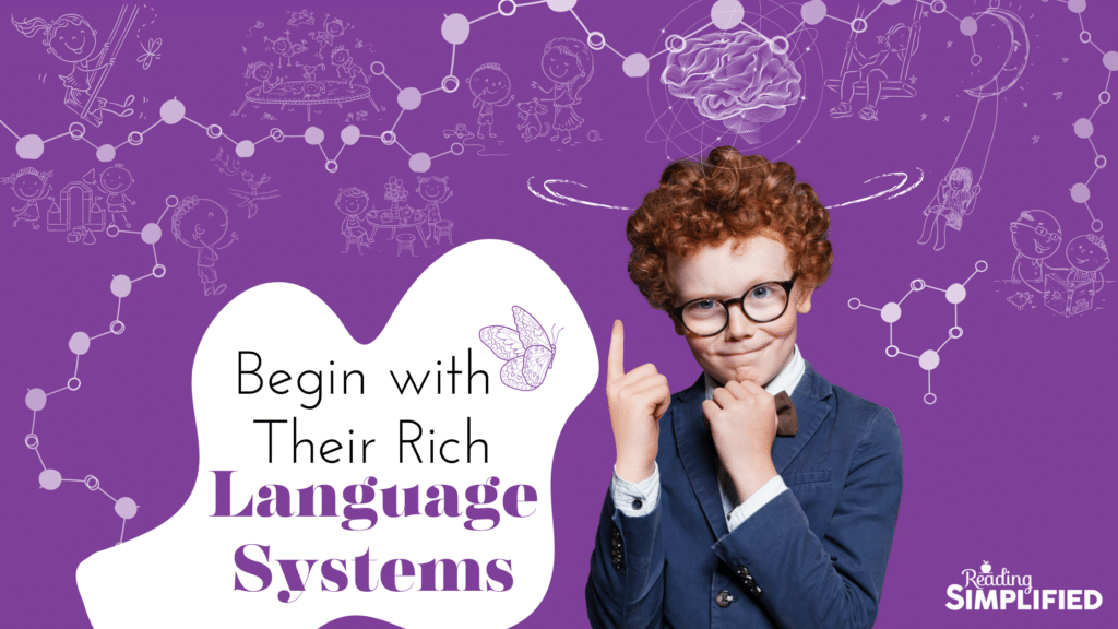 Boy in suit pointing to stick figures of life experiences titled begin with their rich language systems