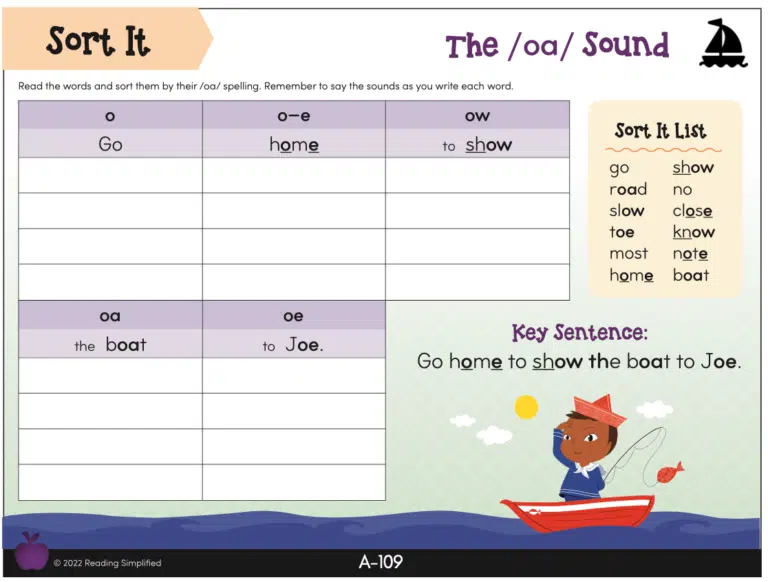 Sort It activity sheet for long o sound