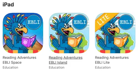 Pictured are 3 Icons with the EBLI brand bird holding a book for each of the 3 EBLI apps: Reading Adventures EBLI Space, Reading Adventures EBLI Island, and Reading Adventures EBLI Lite. Not pictured is EBLI Sight Word App.