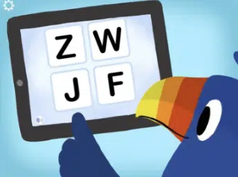 A toucan is in the bottom right corner of the screen with his wing “finger”touching a screen with letter tiles for “z”, “w”, “j”, and “f”.