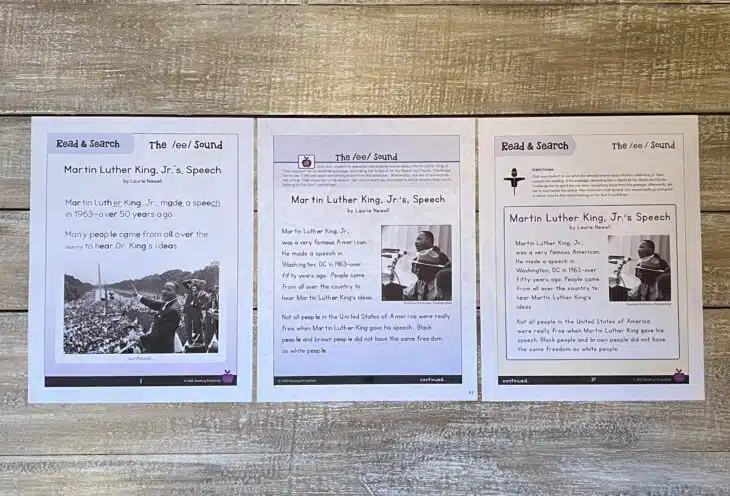 Displays a front page with text for the /ee/ sound of Dr. Martin Luther King, Jr. speech differentiated for 1st grade, 2nd-3rd grade, and 4th to 5th grade reading levels. Each sheet has a photo of Dr. King.