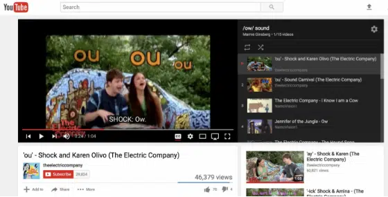 Shows an image of two people with mouths open and “ou” as well as a playlist from Youtube.