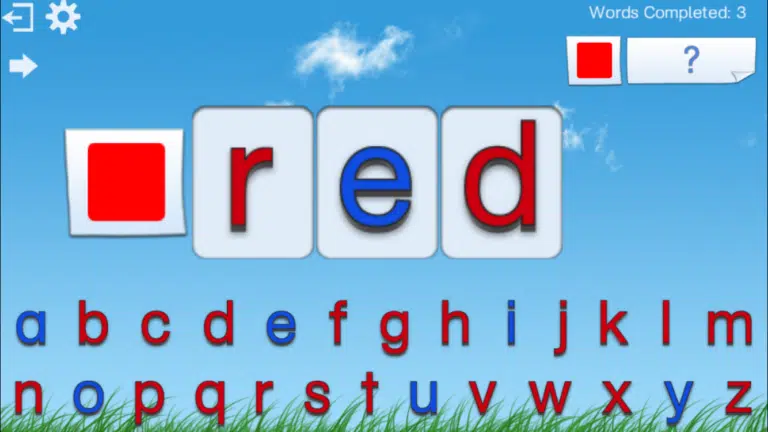 The image displays a screenshot of the Montessori Crosswords Game with the word “red” displayed and the alphabet characters below the word.