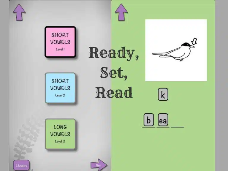 The image shows a screen from the app Ready, Set, Read. There are 3 icons down the left of the image “SHORT VOWELS Level 1”, “SHORT VOWELS Level 2”, and “LONG VOWELS Level 3”. On the right side of the image is a black-and-white picture of a bird with an arrow pointing to the beak. There are sound lines and letter tiles below the bird in order to spell “beak”
