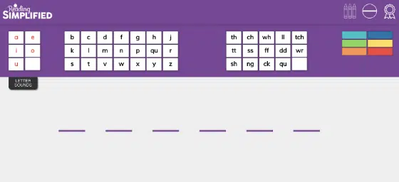 Moveable online blending board with vowel letters, consonants, digraphs, colored blocks, and blending lines.