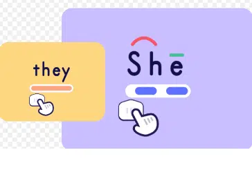 The image shows two boxes, one with the word “they” and a symbol with a hand to drag a horizontal line under the letters. The other box features the word “She” with an ark over “Sh” and a green horizontal line over “e” and a symbol with a hand to drag a horizontal line under the letters