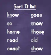 Sort It list displayed with 10 words showing various spellings of the /oa/ sound in bold print.