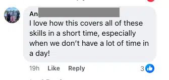 Screenshot of Facebook comment praising the covering of skills in a short amount of time.