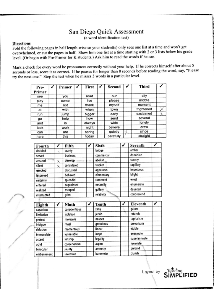 Ava's score sheet for San Diego Quick Assessment pre-test