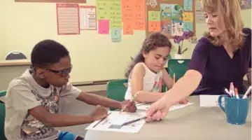 Marnie Ginsberg working with small group of students and pointing to Sort It word list.