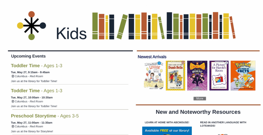 BCPL kids’ events webpage showing upcoming storytimes and programs